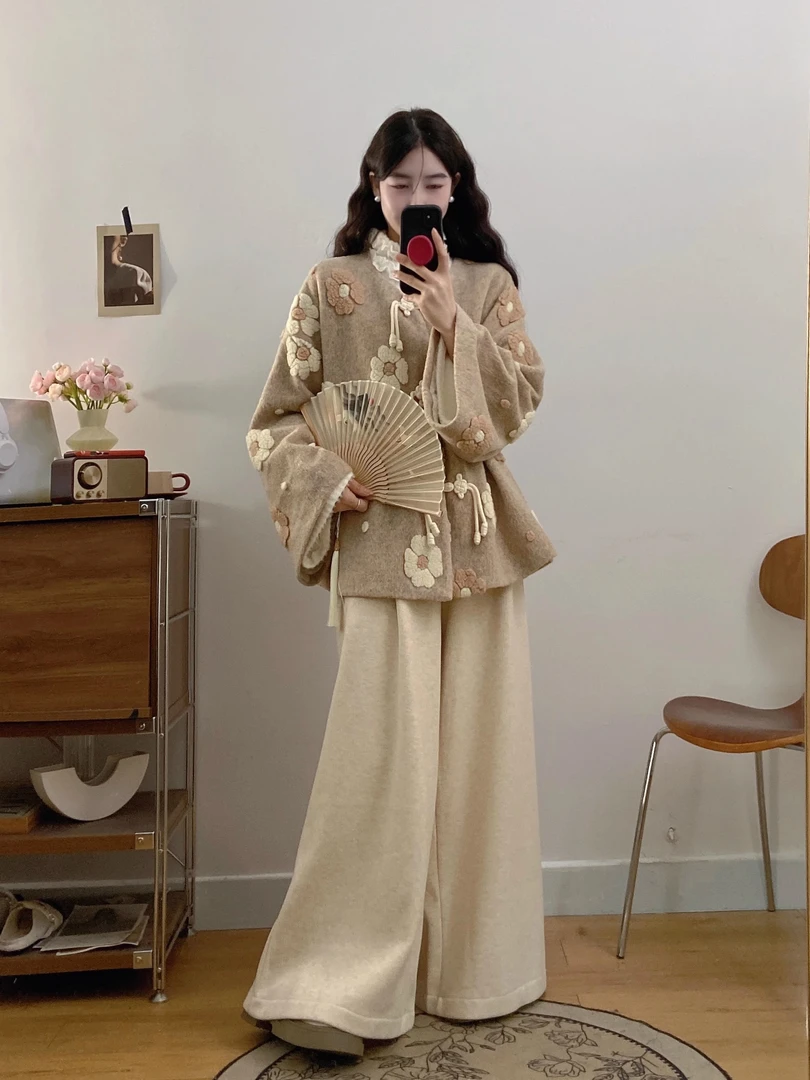 大码女装胖mm宽松显瘦新中式盘扣国风毛呢外套阔腿休闲裤冬季套装