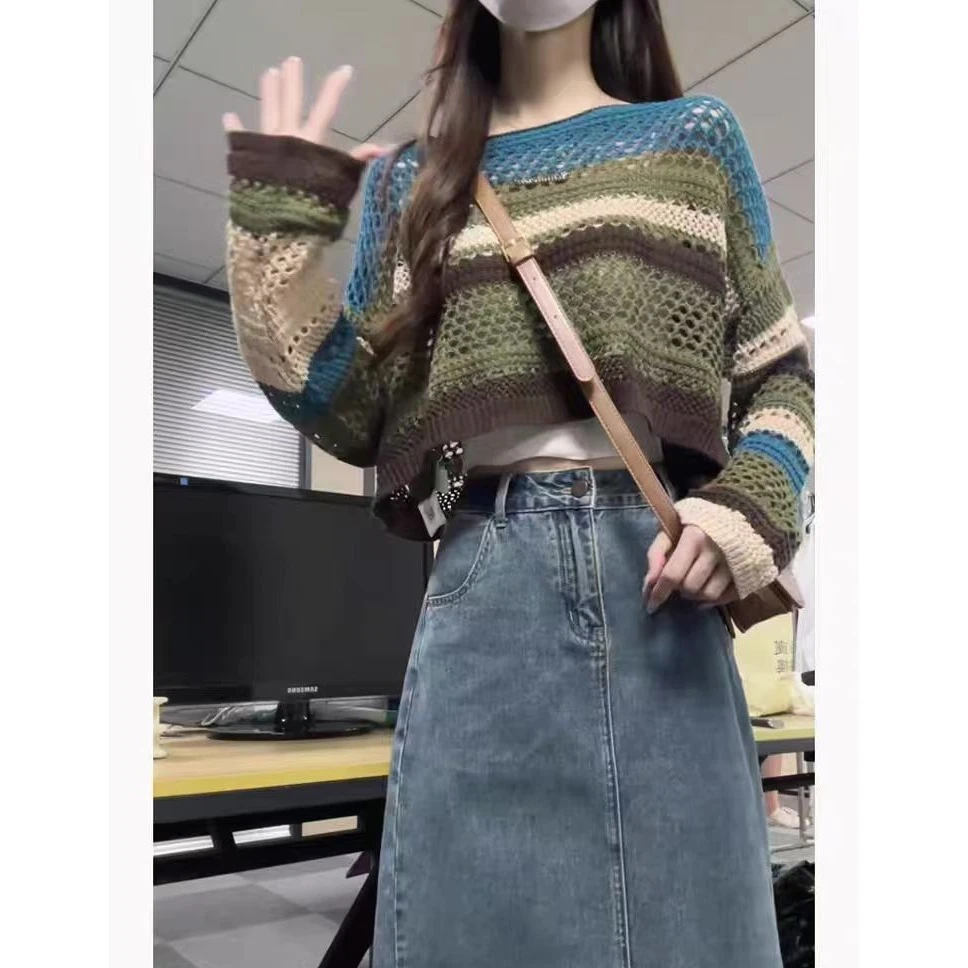2025春夏新款复古港风条纹撞色罩衫镂空针织衫女牛仔半身裙两件套