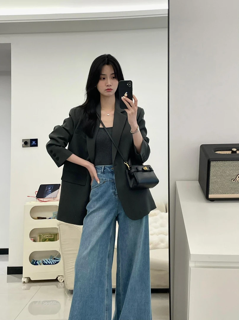 高级深灰色西装外套女2024春秋休闲韩版宽松气质西服牛仔裤两件套