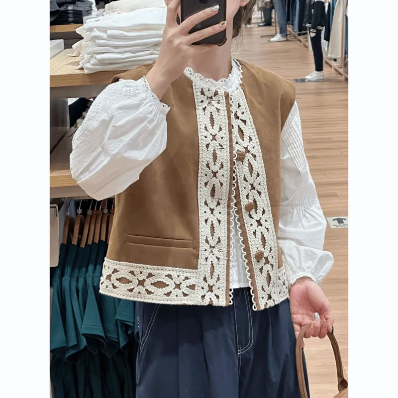 秋季小个子时尚套装女韩系蕾丝拼接马甲洋气独特长袖衬衫两件套潮