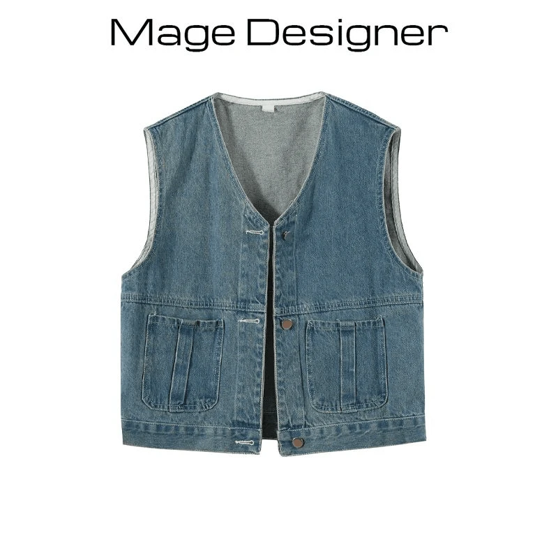 小个子复古牛仔马甲女夏季宽松减龄港风短款V领背心叠穿马夹薄款