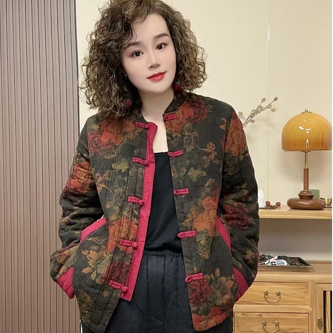 鑫玥原创亚麻棉衣复古盘口开衫款时尚国风百搭中式秋冬季节加厚