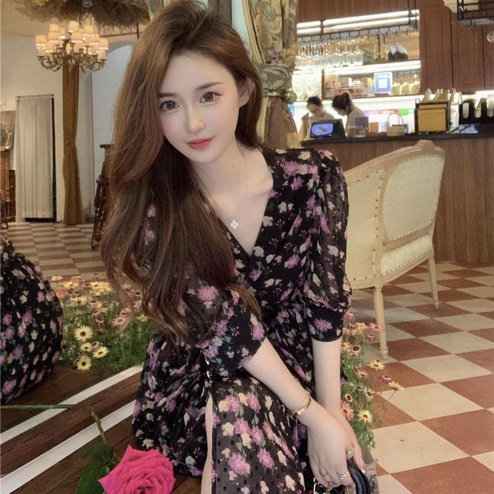 【罗曼蒂克】低调浪漫高贵春夏高腰黑色显瘦一片式连衣裙裙子女