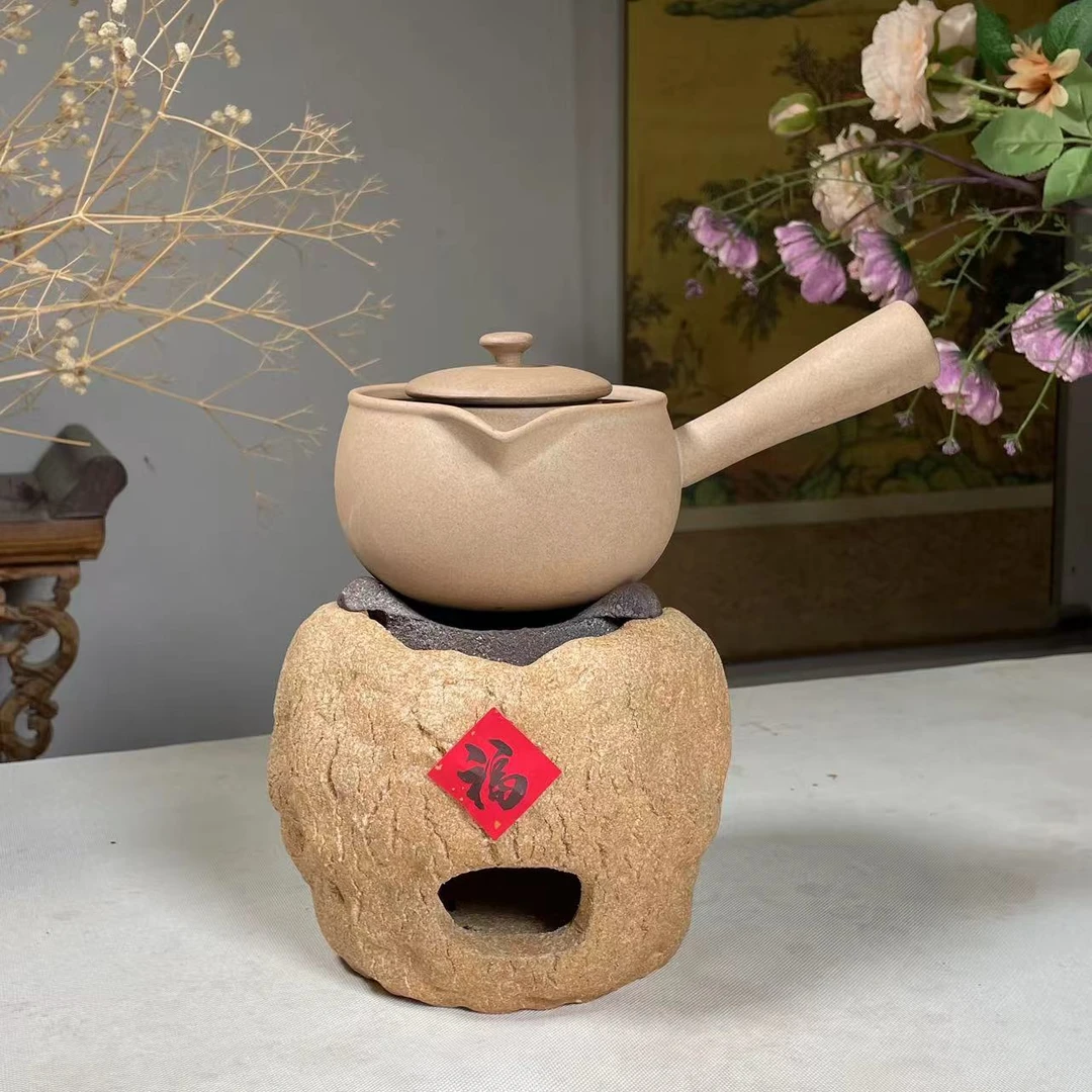 侘寂风陶瓷围炉陶土炭炉煮茶器功夫木炭茶炉过滤侧把壶可明火加热