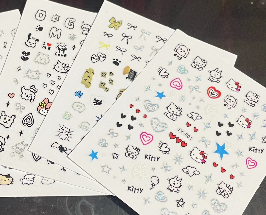 美甲ins童趣涂鸦贴纸可爱猫咪卡通小狗指甲甜酷贴花背胶装饰