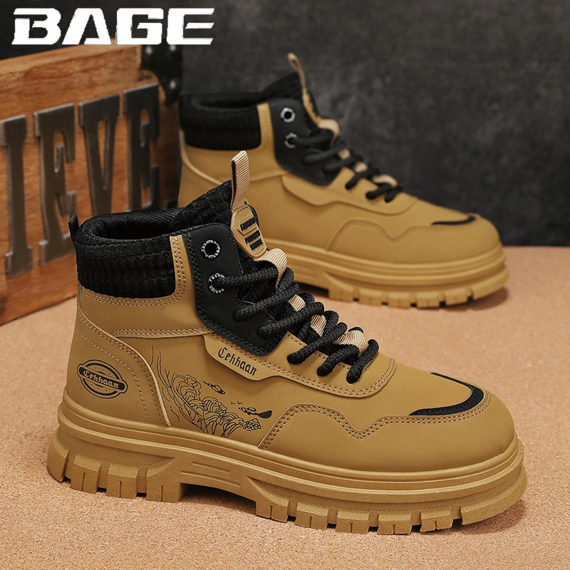 八哥冬季新款工装耐磨防滑增高厚底大黄靴户外高帮马丁靴
