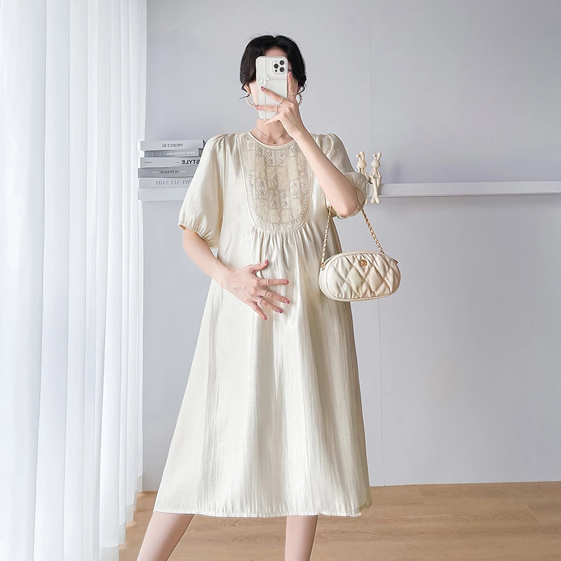 孕妇装夏季新款重工珠花镂空连衣裙潮妈宽松遮肚显瘦高级感裙子