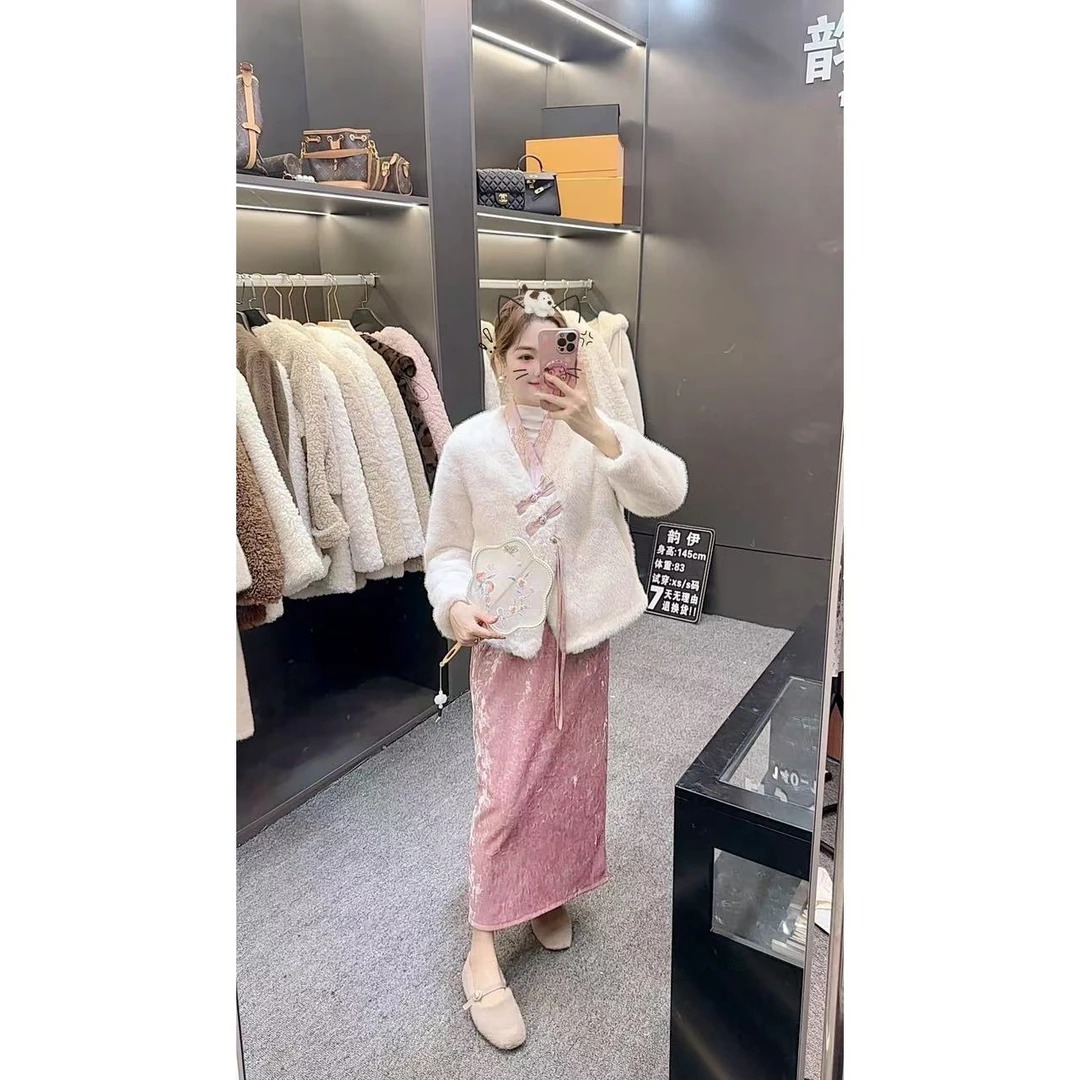 「韵味伊人」小个子定制 新中式盘口毛毛外套丝绒半裙套装#YWYR823