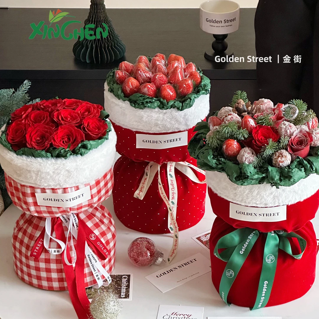 圣诞小香风丝绒布 格子素色圆形花束包花布 欣辰鲜花包装材料