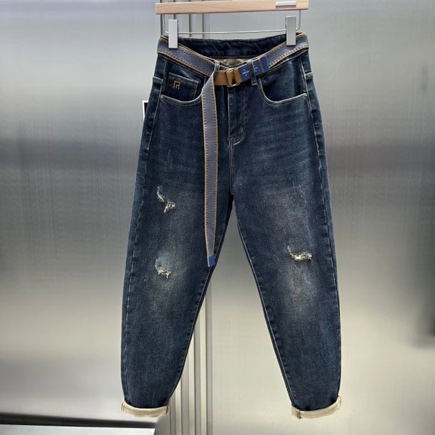 冬季加绒新款男士破洞牛仔裤潮流宽松小脚复古水洗做旧牛仔裤8320