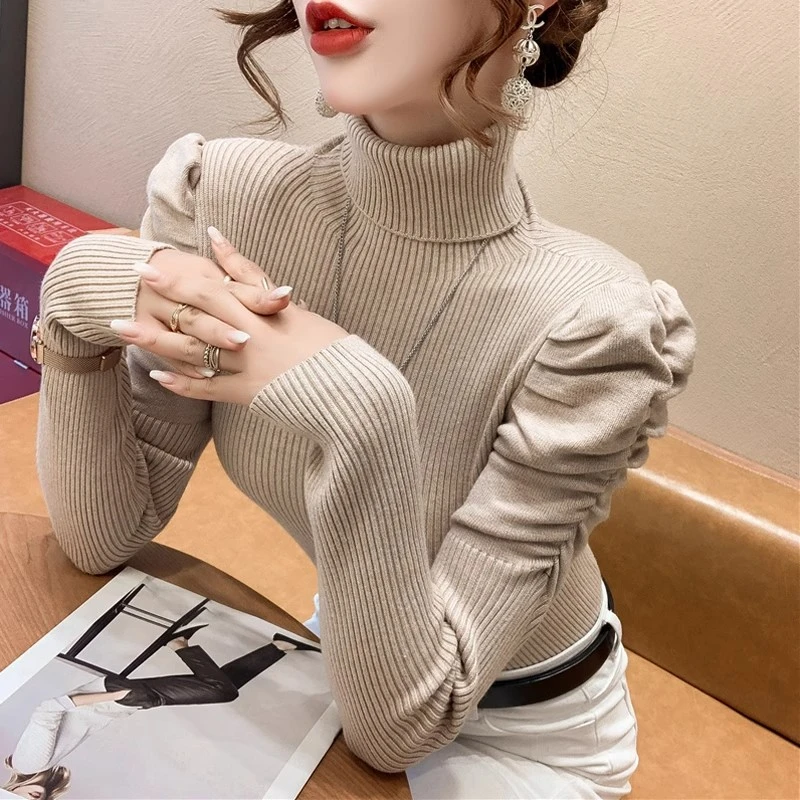 雅麦斯欧货泡泡袖针织上衣设计感小众打底衫内搭女士高领毛衣女冬