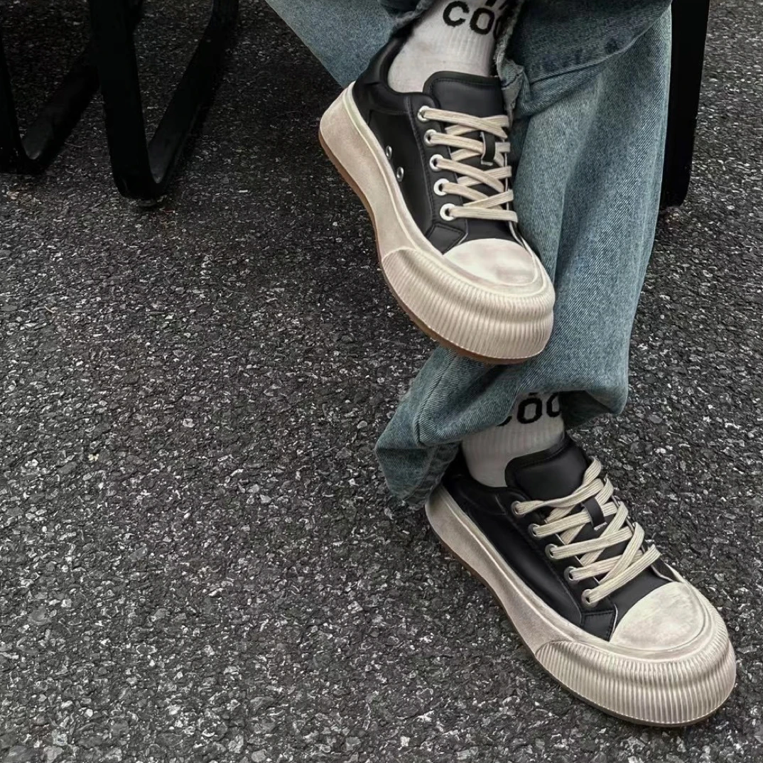 SGIRL「C3C3198」低帮厚底板鞋女复古做旧脏脏鞋皮面百搭休闲小白鞋