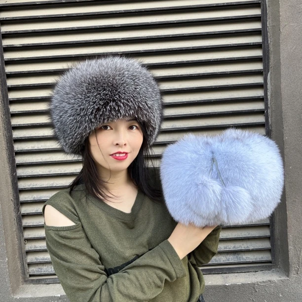 狐狸毛貉子毛双球款时尚保暖滑雪帽民族风圆帽