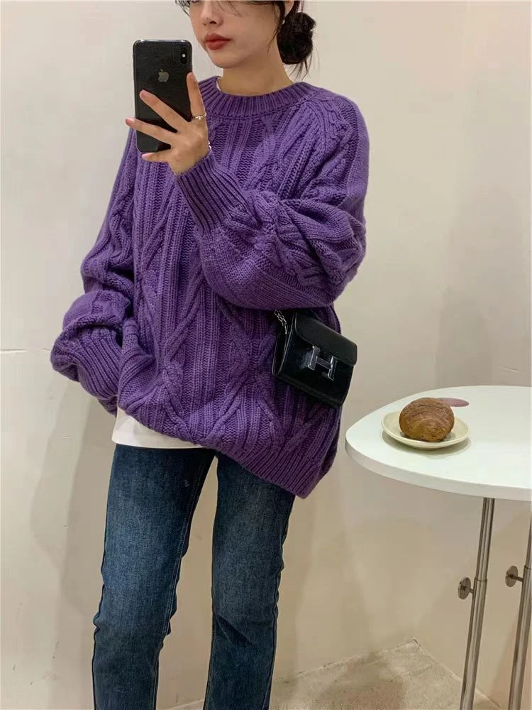 秋冬新款复古宽松慵懒风纯色中长款温柔软糯百搭时尚厚款针织毛衣