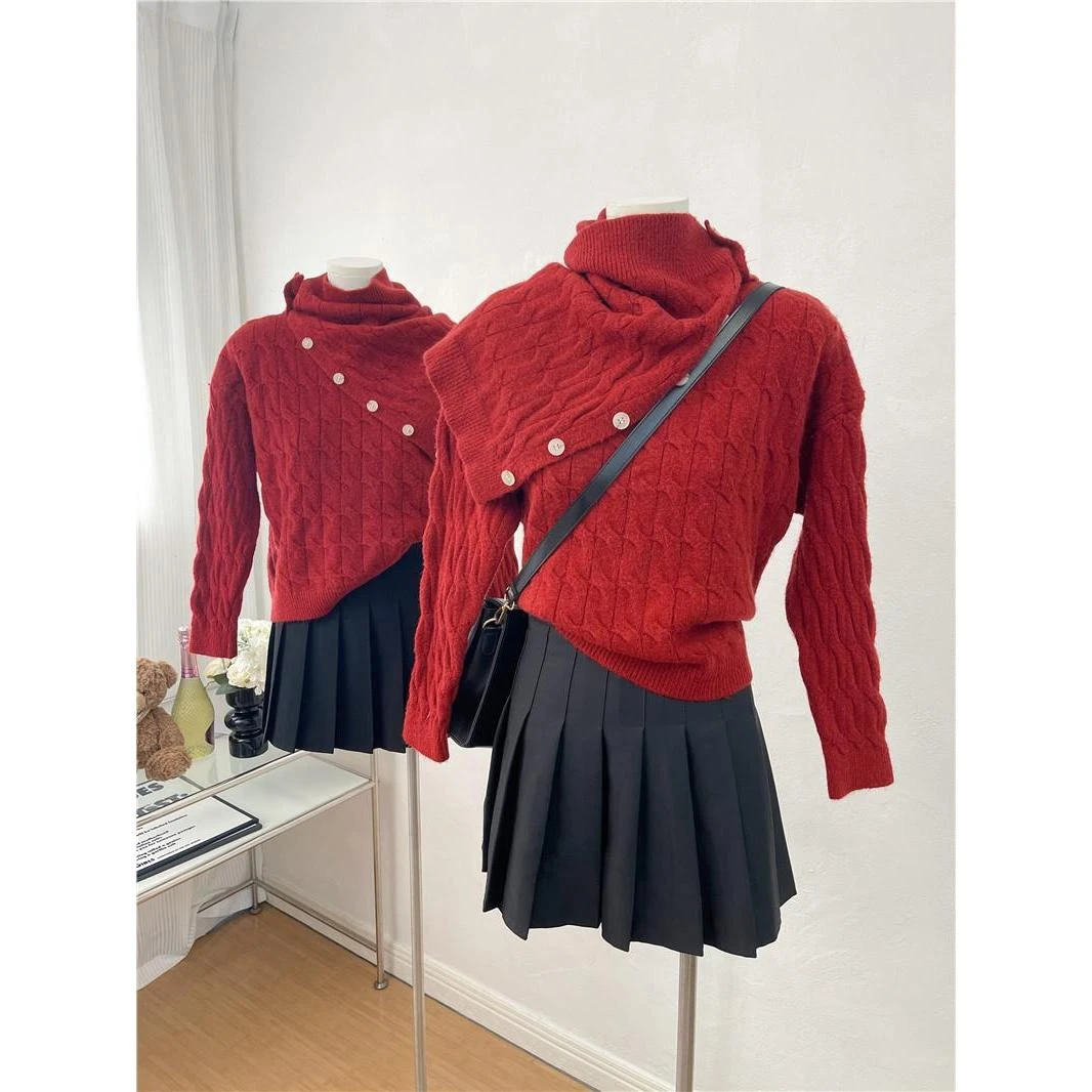 韩系ins慵懒风麻花编织设计感毛衣单排扣围脖毛衣