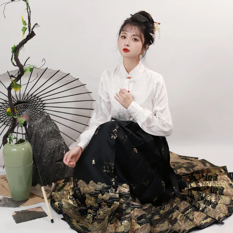 揽风华【描金山水-马面裙】原创汉服织金马面裙女