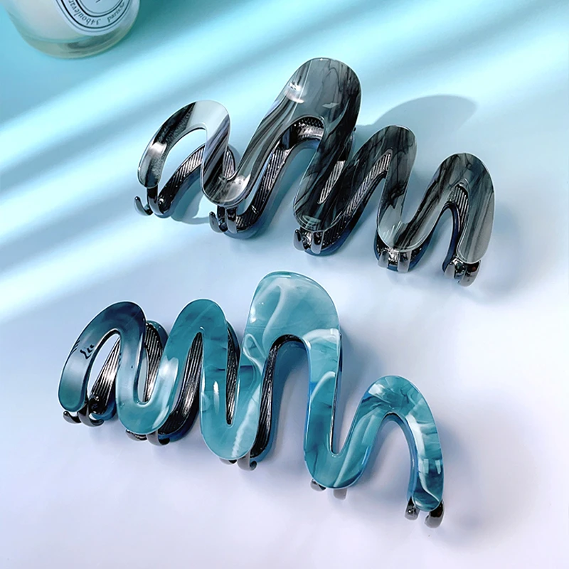 非金属发饰 新款醋酸水墨黑色抓夹高品质鲨鱼夹百搭ins波浪蓝发夹