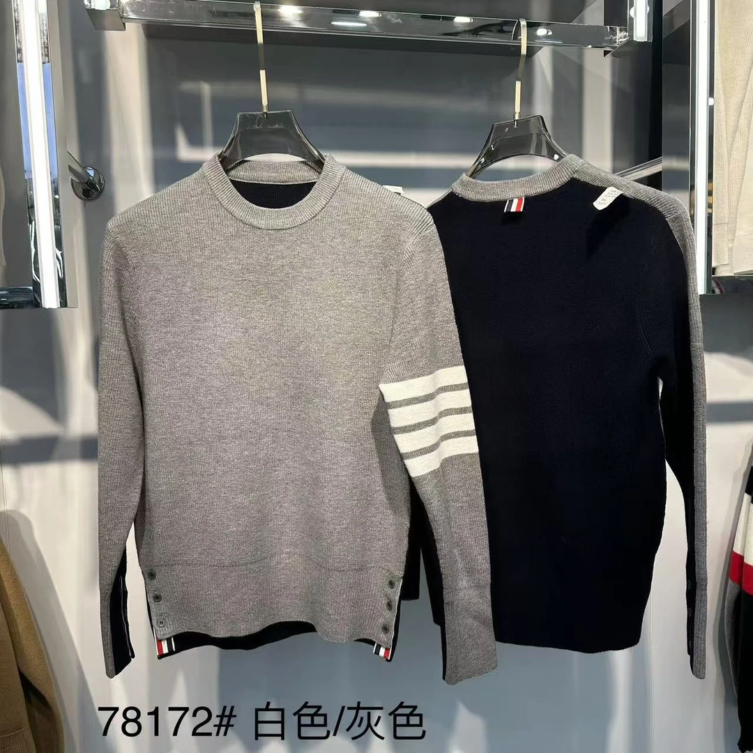 【78172】男士休闲针织刺绣包芯纱小标AB面杠条圆领毛衣