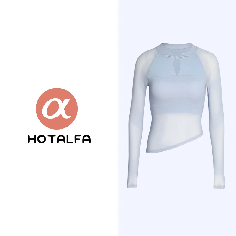 新款中式民族风盘扣修身瑜伽服网纱拼接上衣透气运动健身长袖T恤