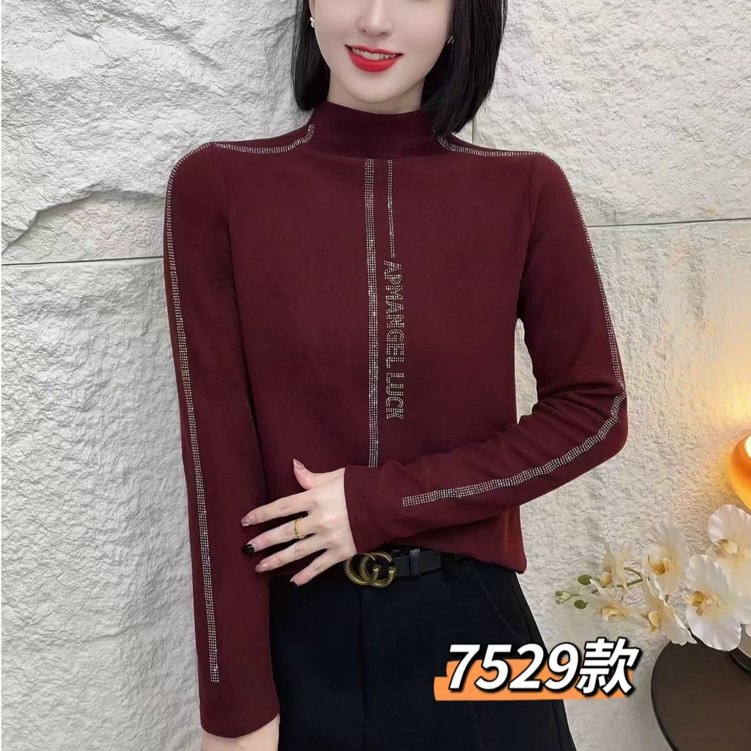 【歌莱图】2024秋季新款时尚百搭烫钻纯色烫钻半高领显瘦小衫#7529