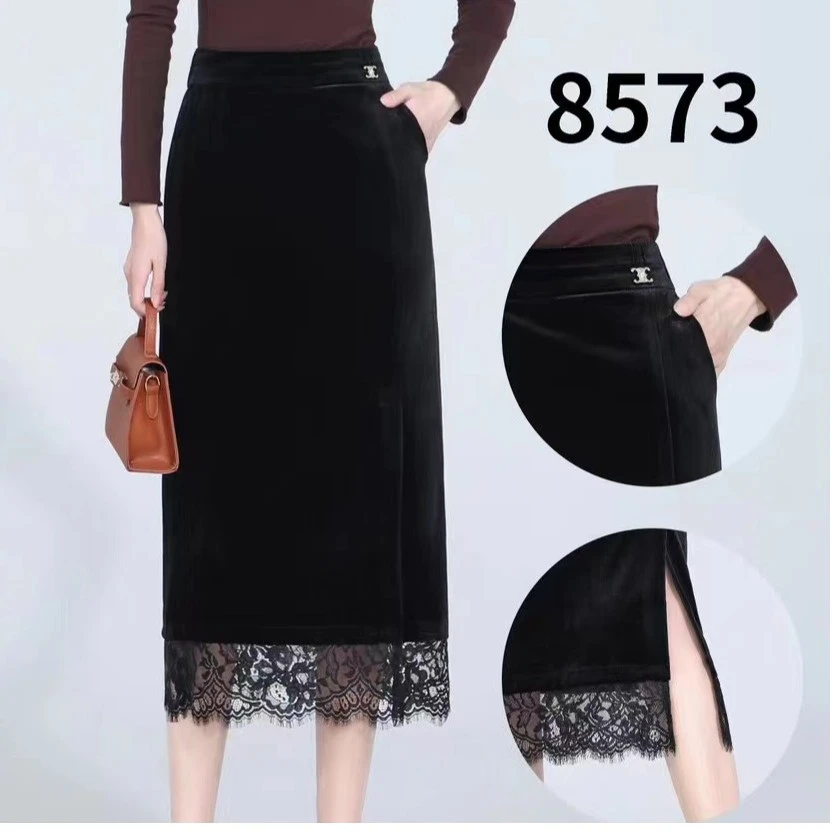 【歌莱图】2023新款高腰蕾丝开叉百搭气质显瘦时尚中长款半身裙8573