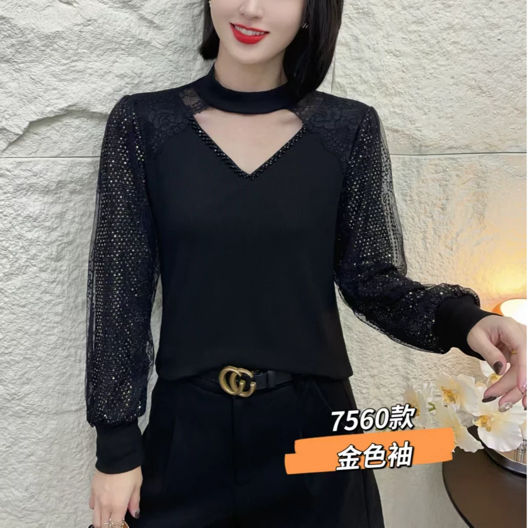 【歌莱图】2024冬季新款时尚百搭纯色拼接设计感亮片加厚打底衫7560