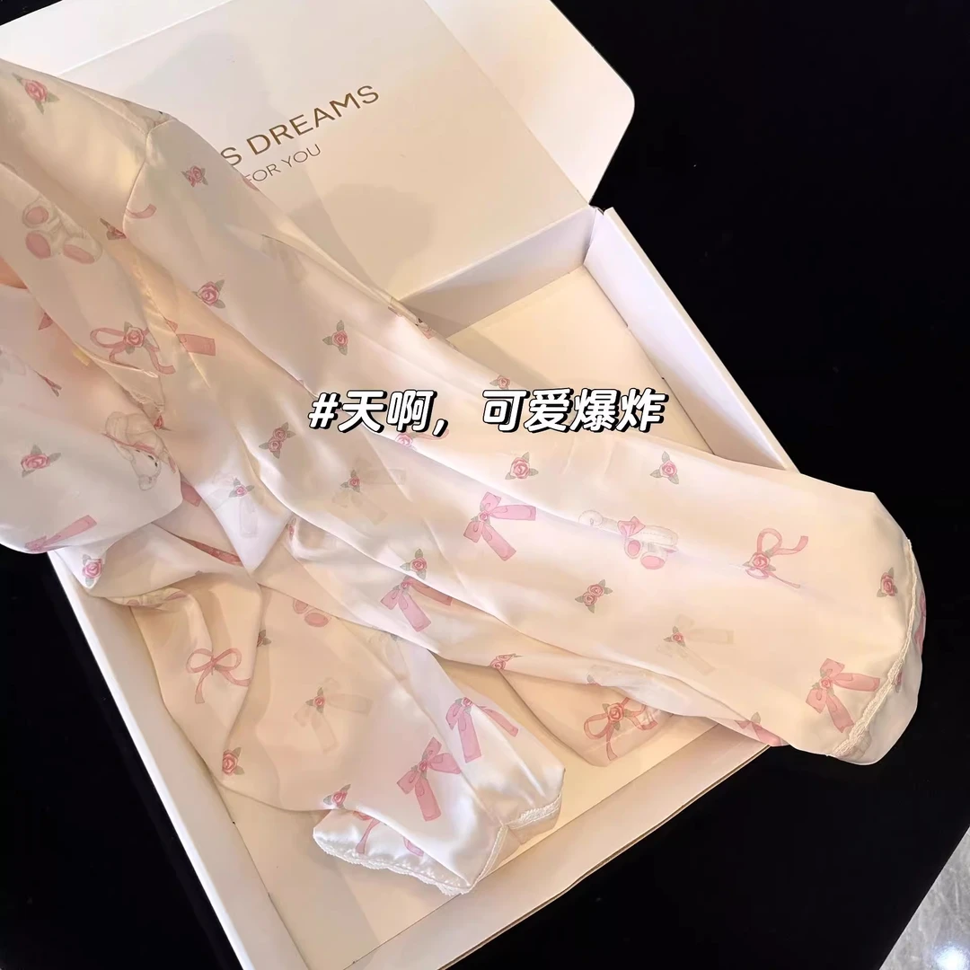 少女可爱小熊印花冰丝睡衣女夏款新款缎面夏季长裤家居服大码套装