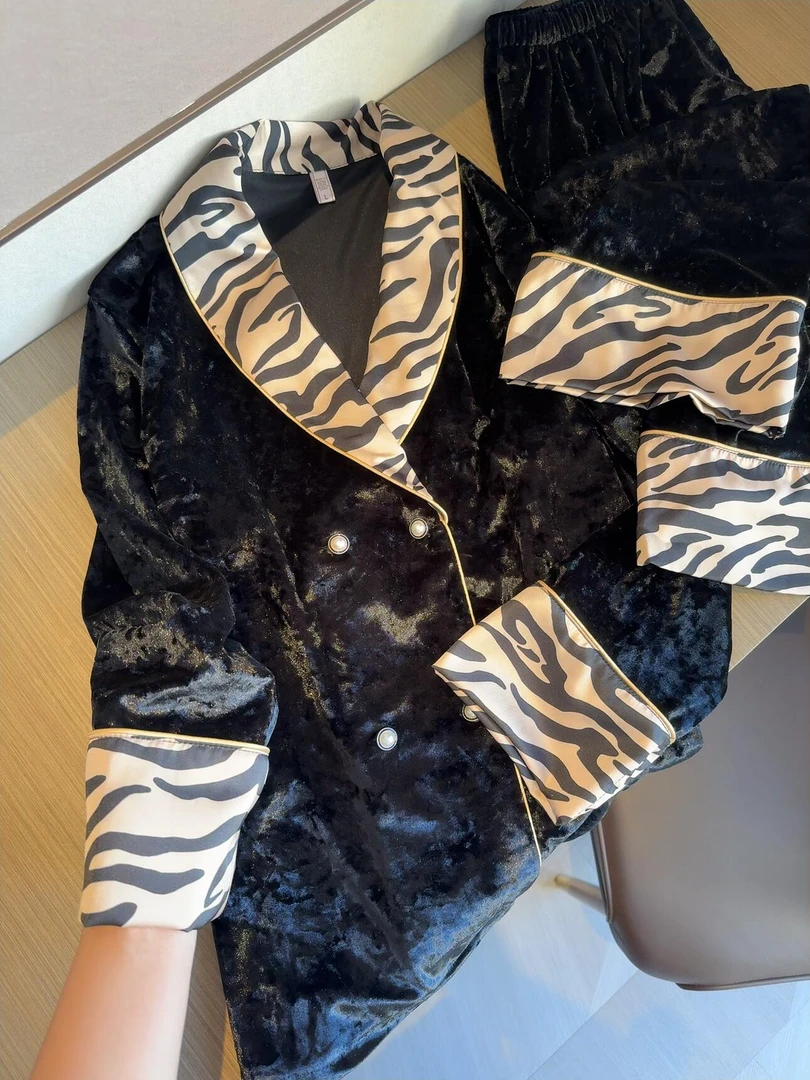 法式花豹金丝绒睡衣秋冬款女士轻奢高级感加绒加厚家居服大码套装