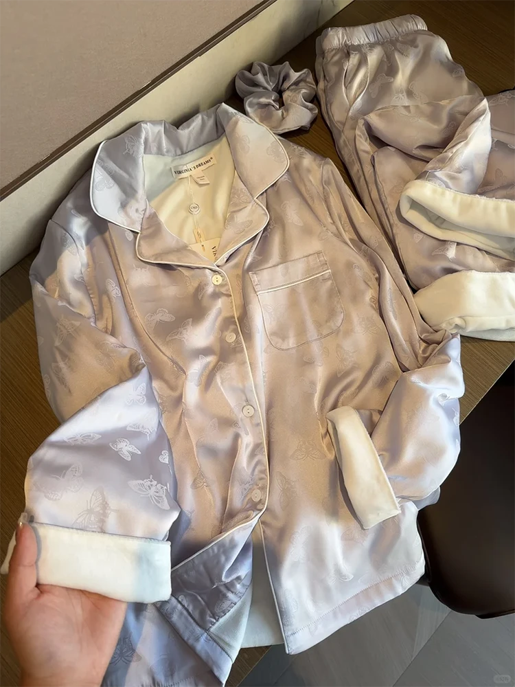 冬季新款加厚家居服开衫长裤大码套装韩系高级感蝴蝶缎面加绒睡衣