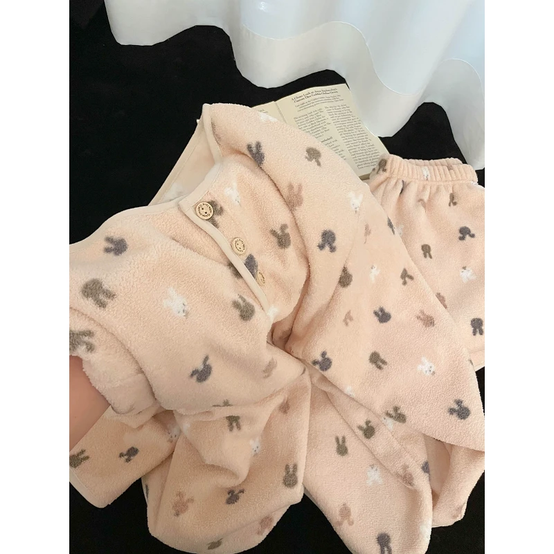 少女甜美风法兰绒睡衣女冬季2025新款毛绒家居服加绒加厚保暖套装