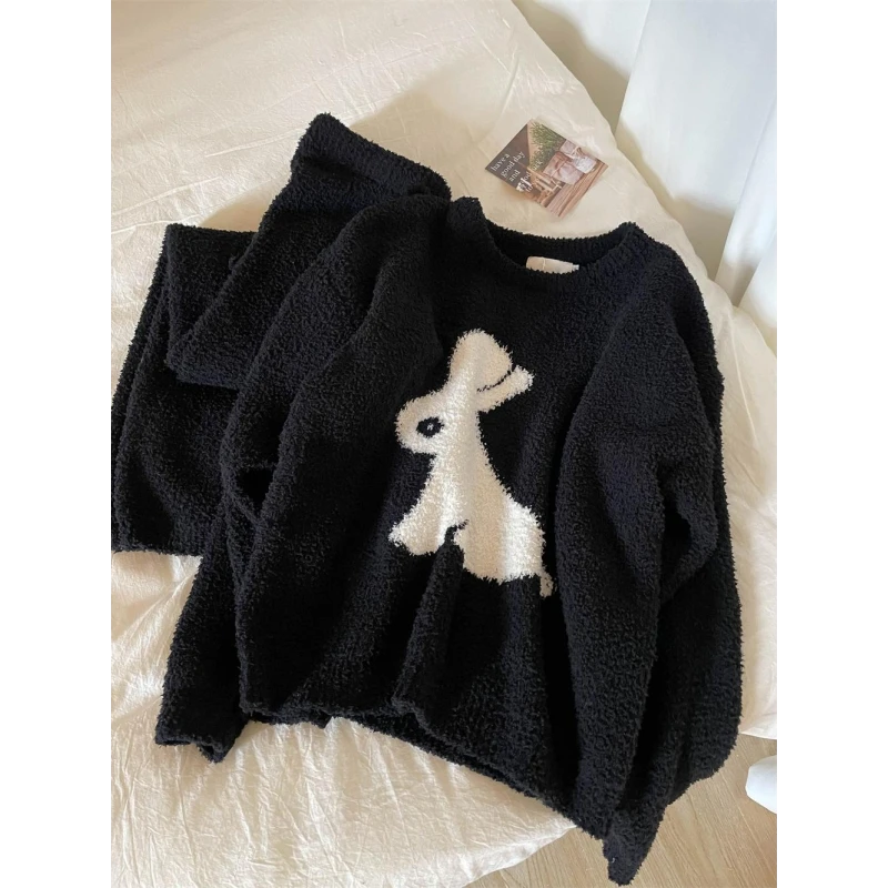 韩版可爱兔子半边绒睡衣套装女冬季新款加厚毛绒针织家居服两件套