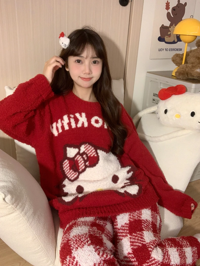 韩系可爱卡通印花半边绒睡衣女冬款加厚毛绒针织保暖家居服套装冬