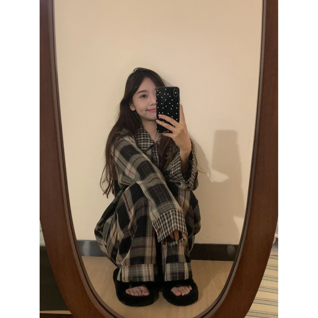 韩版复古格纹衬衫睡衣女款春秋高级感撞色长袖长裤家居服大码套装