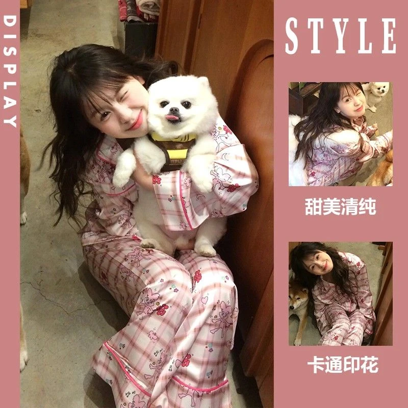 甜美少女卡通印花长袖睡衣女春秋款新款网红风开衫长裤家居服套装