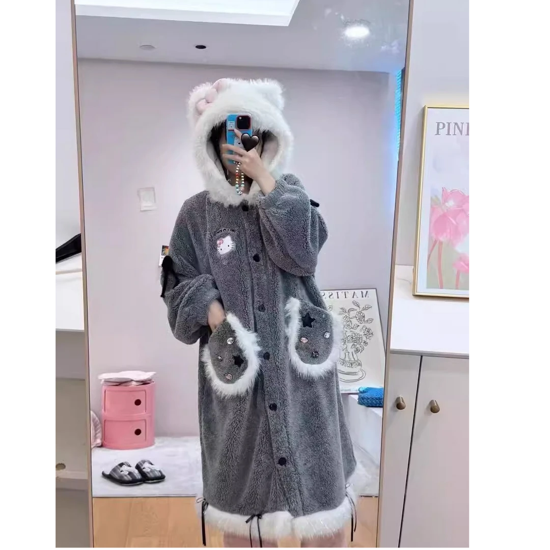 甜美可爱少女可爱小猫珊瑚绒睡衣女冬季加厚家居睡袍可外穿睡裙