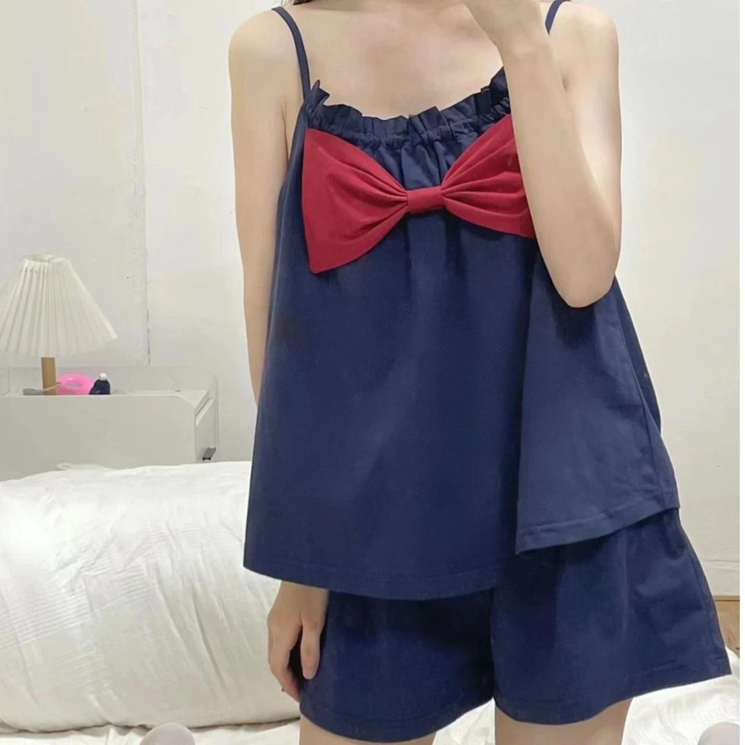 大蝴蝶结设计甜美纯欲吊带网红女2023年夏季新款家居服短裤两件套