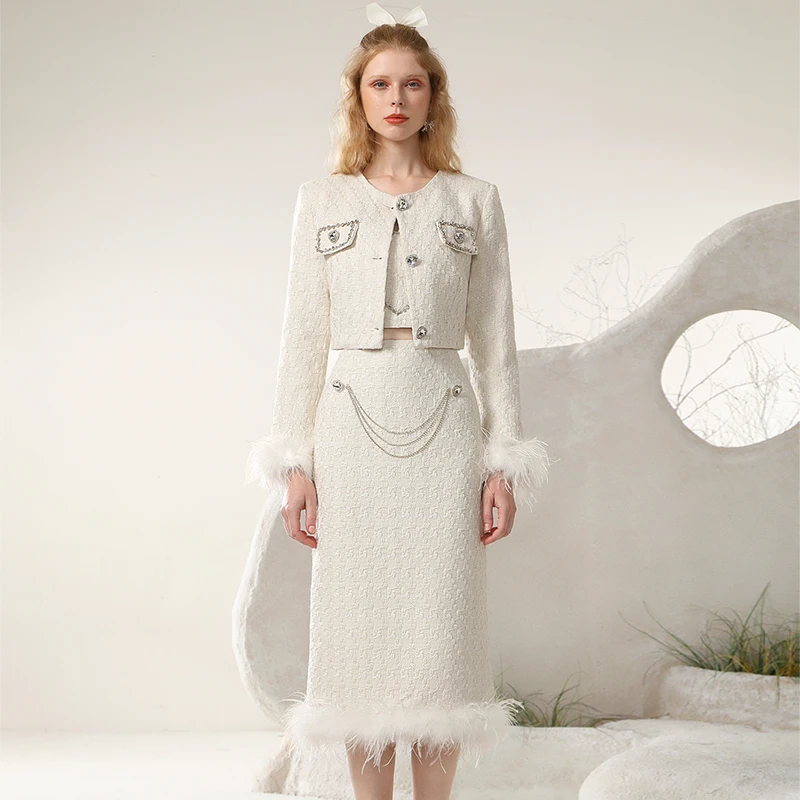 茬客名媛范小香风套装裙女气质感钻扣羽毛链条三件套CM21558ABC