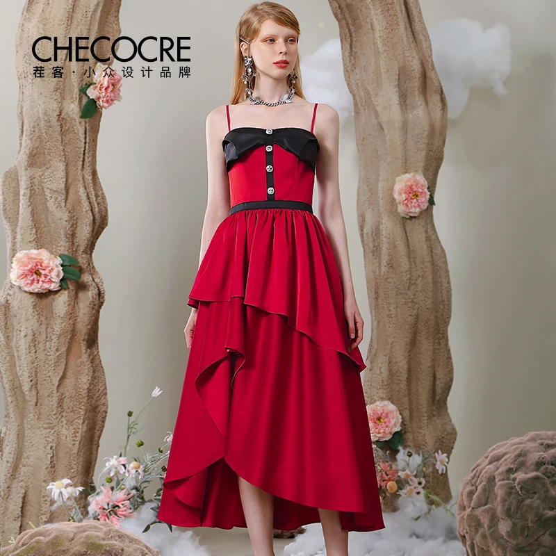 茬客吊带连衣裙新款优雅不规则缎面气质感长款礼服裙CM610048C