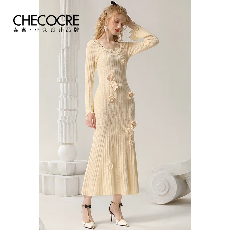 【高高甄选】茬客新款钩花毛织杏色包臀修身鱼尾长裙CM490562