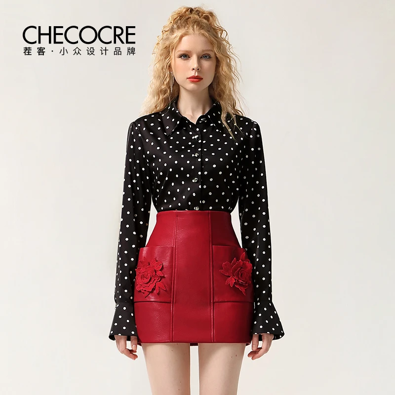 【高高甄选】茬客套装波点缎面衬衫红色半身裙套装CM490547AB