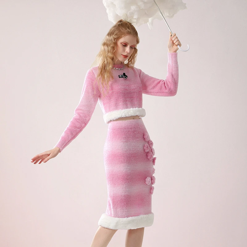 茬客甜美浪漫粉色渐变毛衣套装软糯半身裙套头短上衣CM490446AB