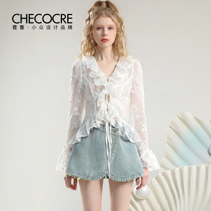 茬客仙女风刺绣欧根纱绑带浪漫开衫不规则撞色毛边短裤CM490495A