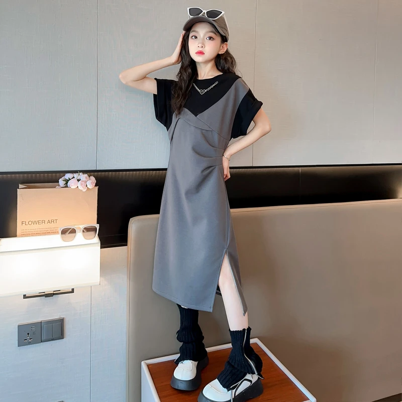 女童短袖连衣裙显瘦大童2024新款儿童夏季洋气炸街网红小女孩长裙