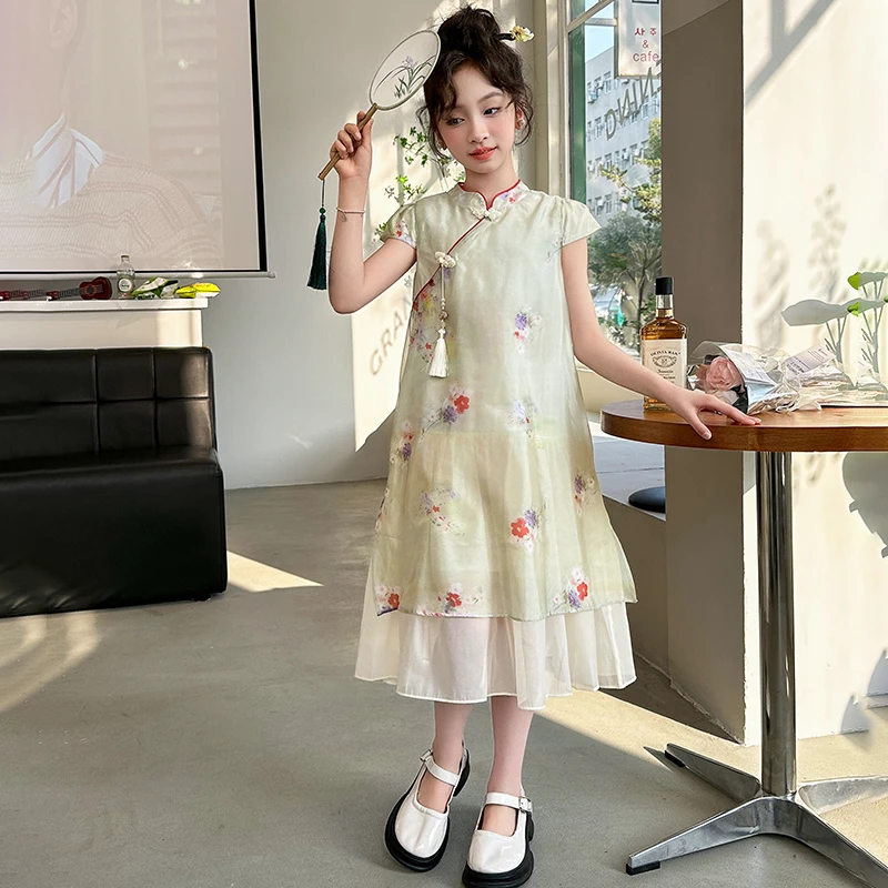 改良夏季连衣裙2024款中大童新中式国风女孩汉服儿童旗袍裙公主裙