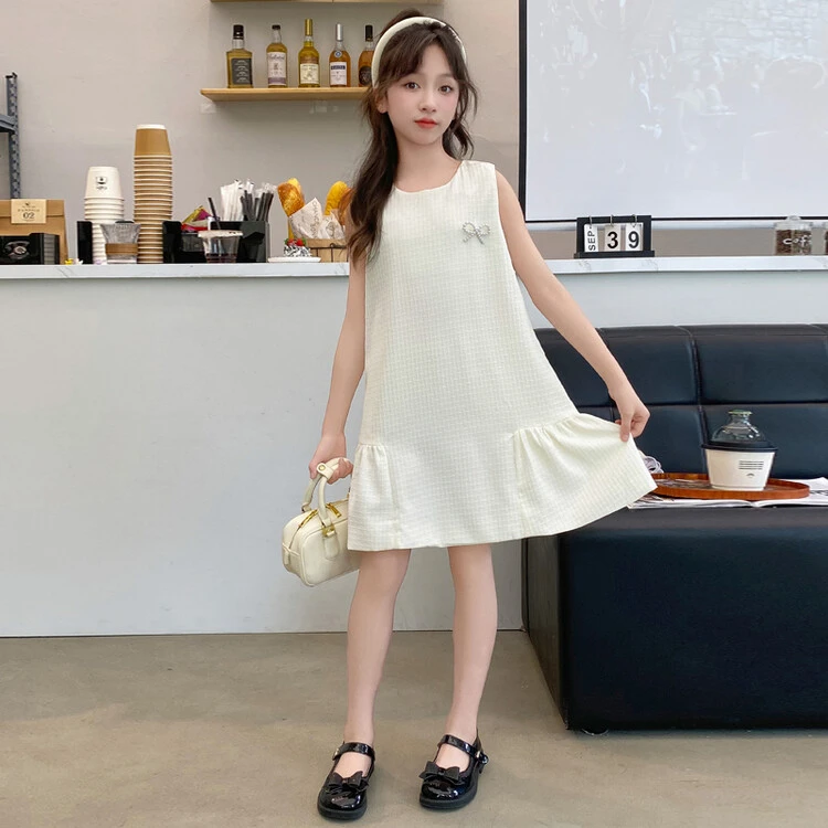 女童连衣裙夏季2024新款韩版甜美蝴蝶结儿童背心裙简约洋气公主裙