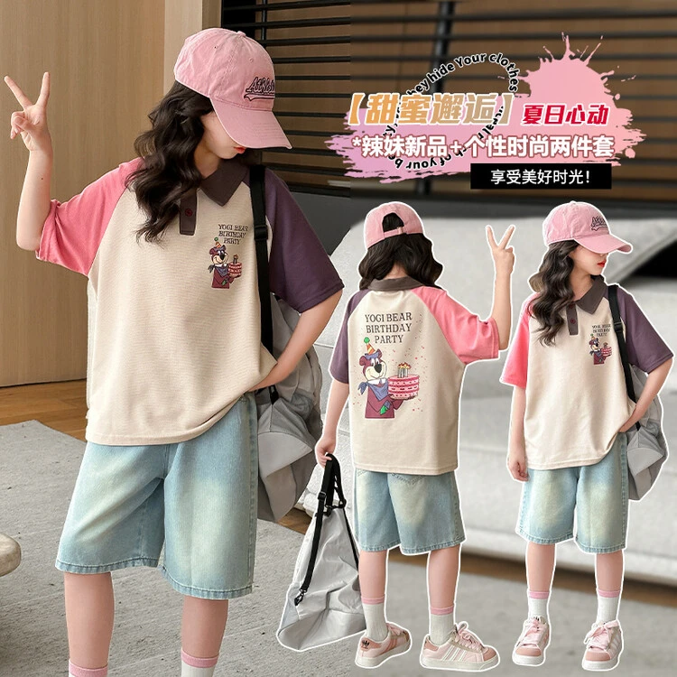 女童夏季休闲POLO领短袖短裤套装中大童宽松舒适网红韩版拼色套装