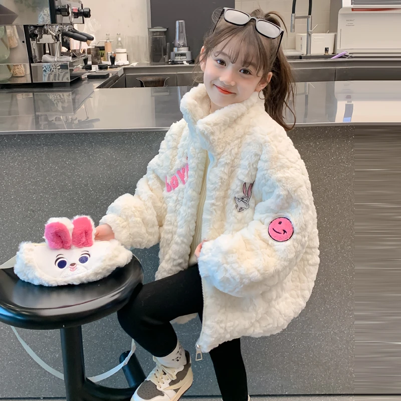 女童秋冬装外套2024新款儿童冬季加绒加厚水貂绒羊羔绒卡通毛毛衣
