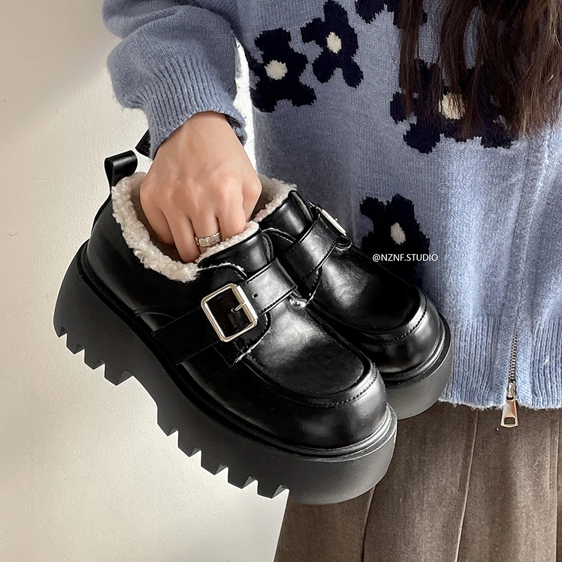 南花花复古加绒加厚厚底乐福鞋女2024新款冬季增高百搭一脚蹬棉鞋