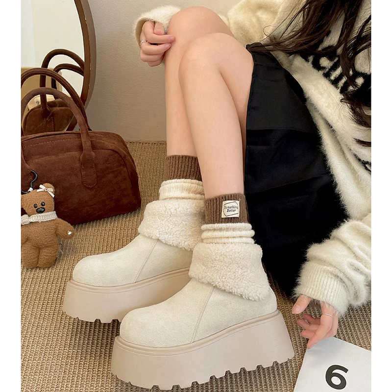 南花花网红复古白色加绒厚底雪地靴女款2024新款冬季保暖加厚棉鞋