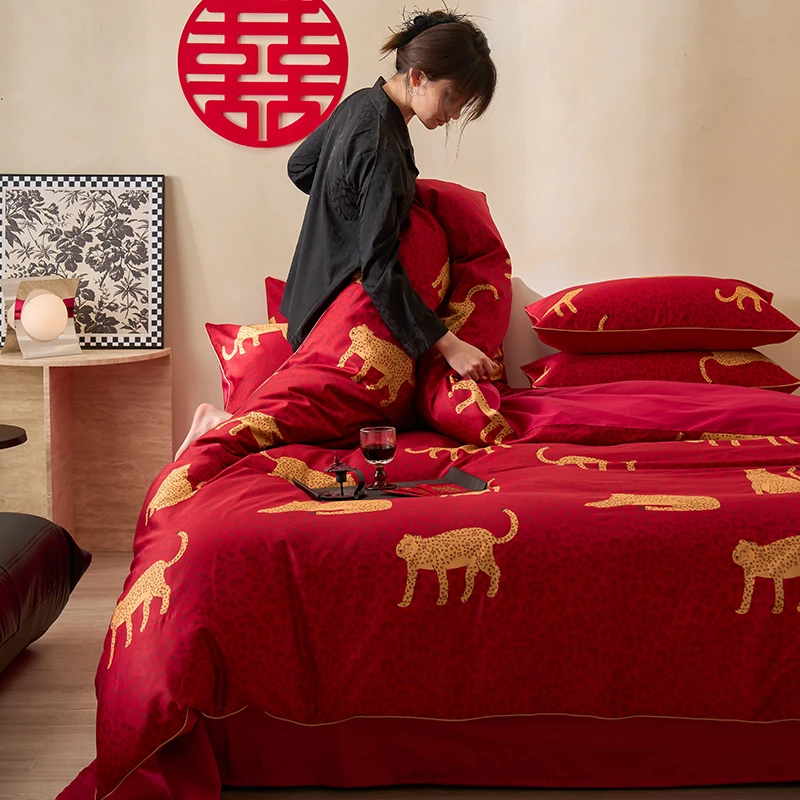 水星新家纺新疆长绒棉印花绣花婚庆床品四件套结婚加厚婚房大红色